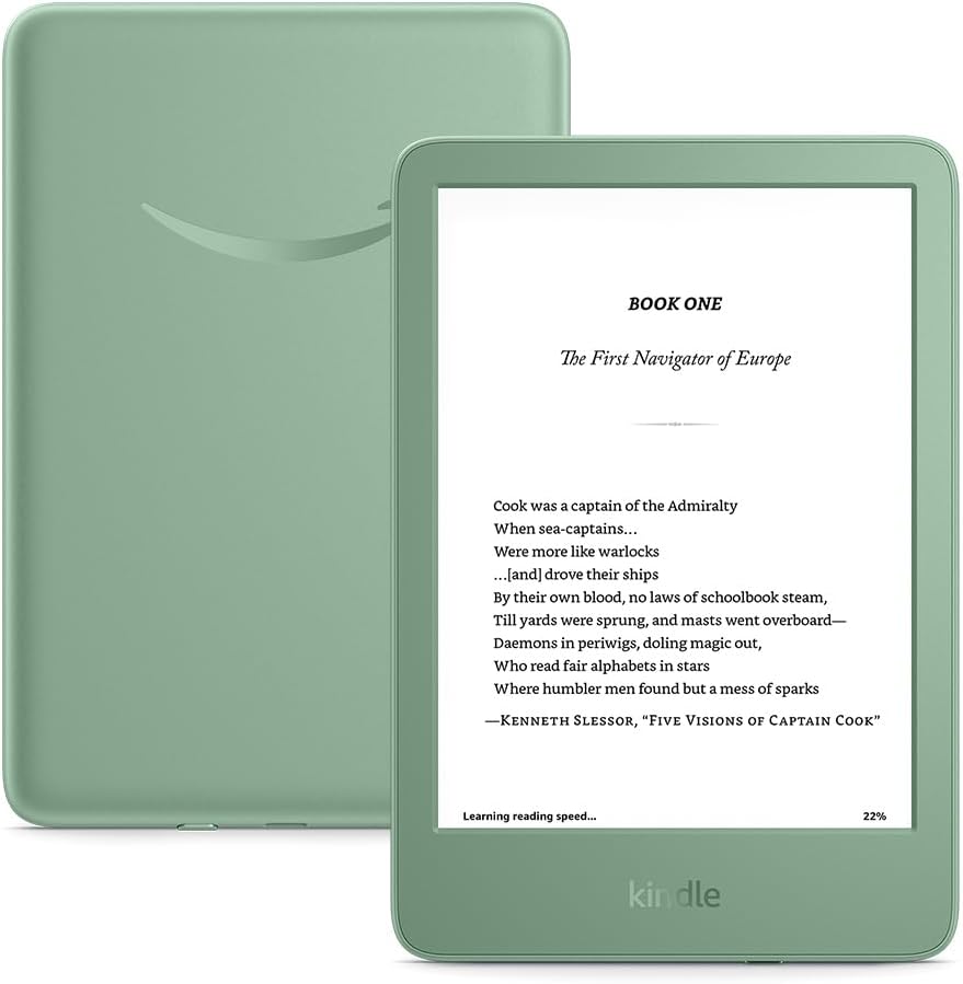 A green Kindle e-reader displaying the first page of a book, with the device front and back visible—perfect for cozy reading surrounded by vintage Christmas ornaments.