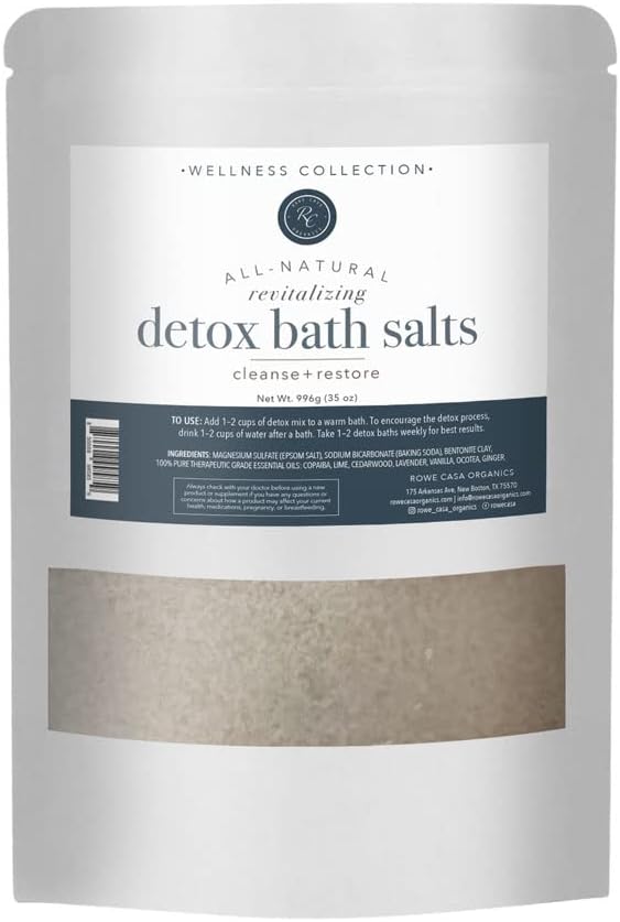 A package labeled "All-Natural Revitalizing Detox Bath Salts" from the Wellness Collection. Net weight: 969g.