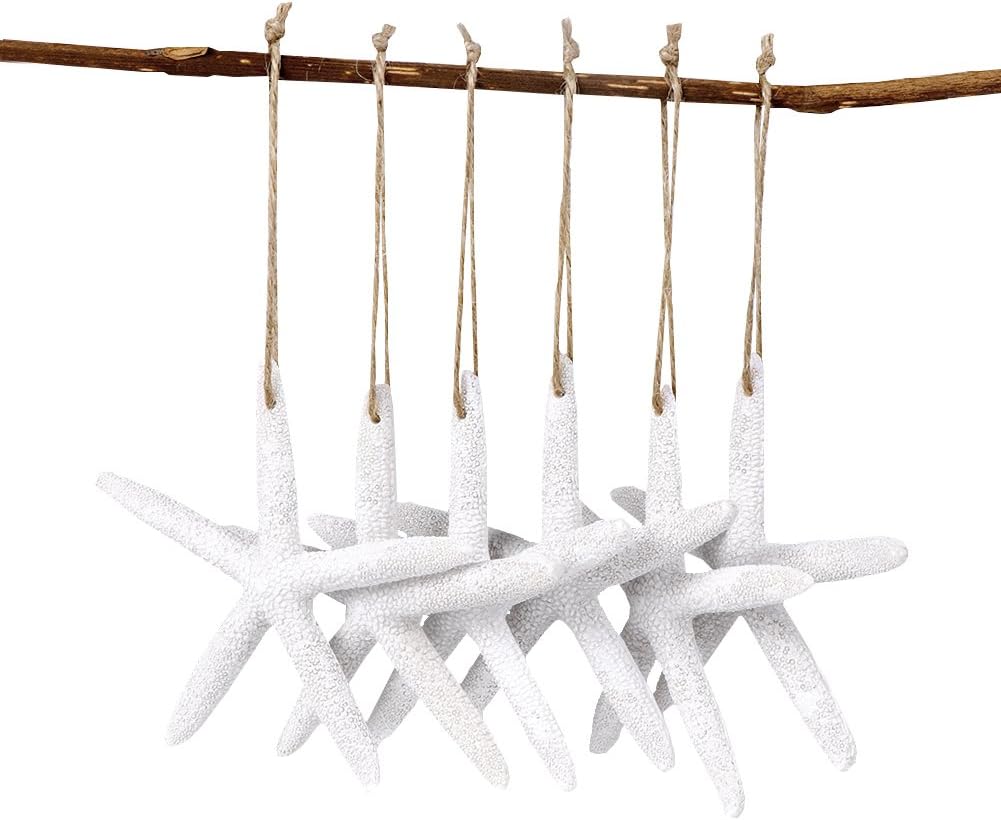 White starfish ornaments, draped elegantly from a branch by twine strings, evoke a coastal charm. Accentuated by subtle Christmas colors, they create a serene festive scene against the pristine white background.