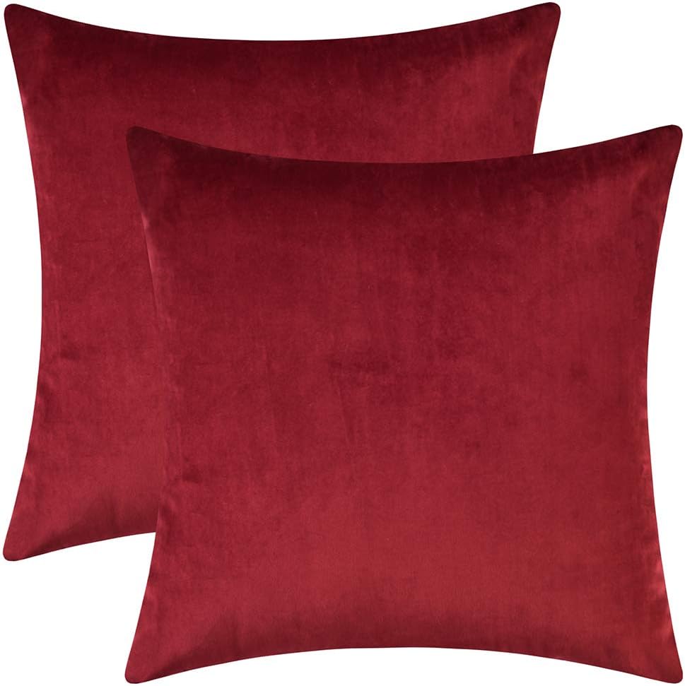 Two red velvet square cushions, reminiscent of classic Christmas colors, are placed side by side against a pristine white background.