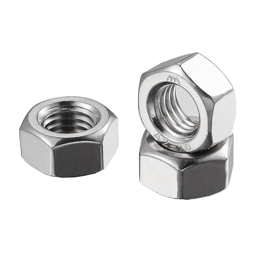 Three silver hex nuts, one standing upright and two lying flat against a white background.