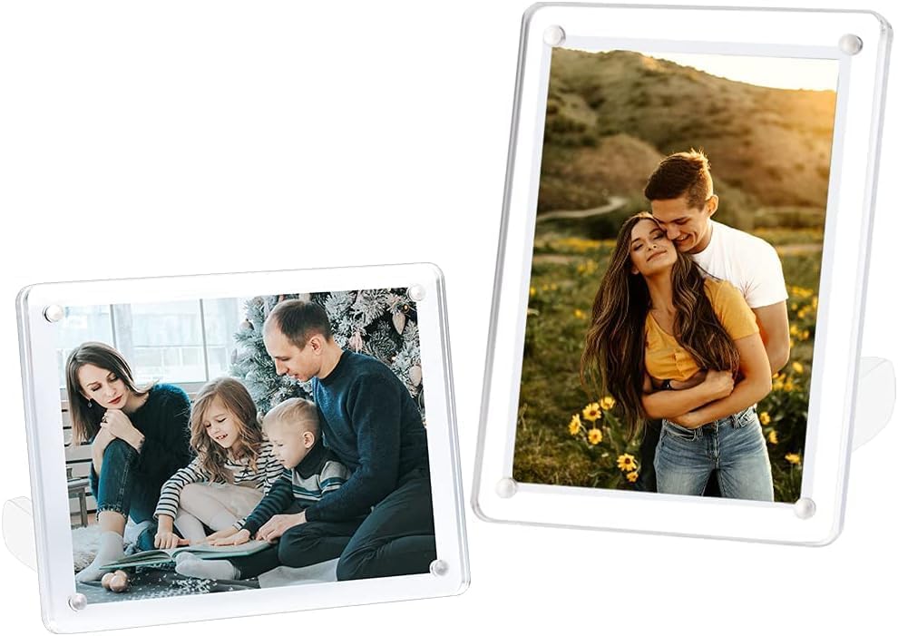 Two framed photographs: one captures a family of four sitting together indoors on Christmas morning, while the other shows a couple embracing in a field with yellow flowers.