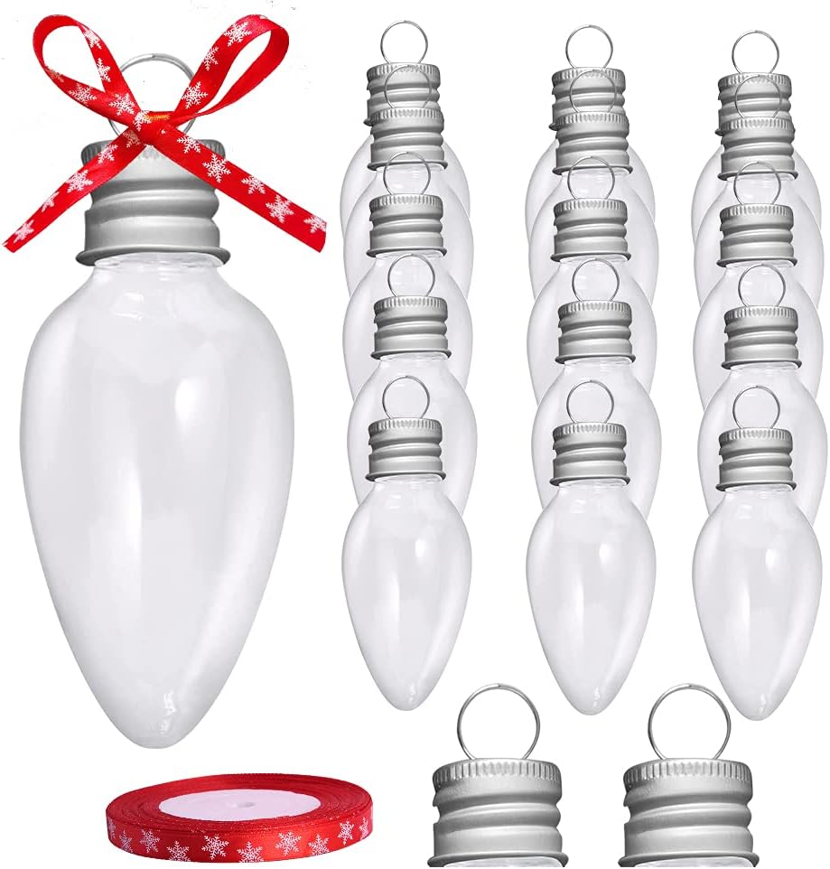 Set of clear plastic light bulb-shaped ornaments with metal caps and red ribbon, alongside extra caps and ribbon roll.