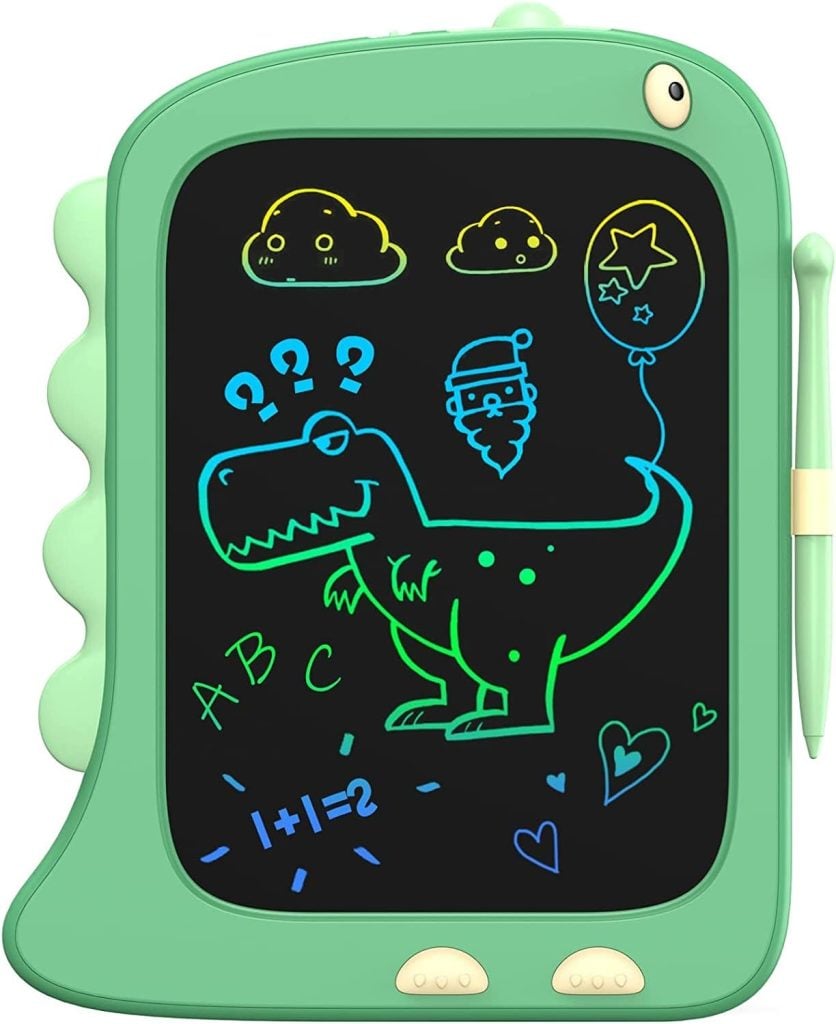 A green digital drawing tablet showcases a vibrant doodle of a dinosaur, clouds, Santa, a balloon, letters, and math equations. Perfect for Black Friday deals, this tablet comes with an attached stylus for creative fun.