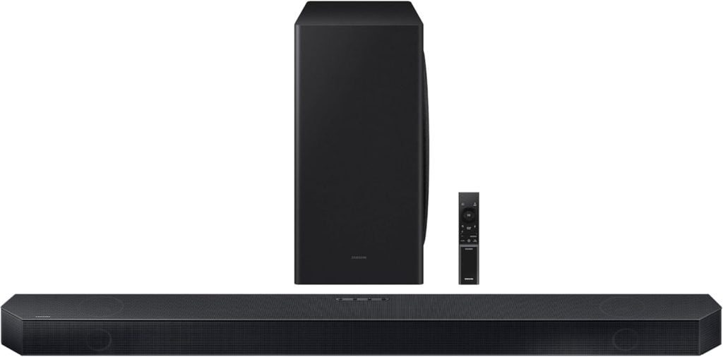 A sleek black soundbar system, perfect for Black Friday deals, includes a soundbar, subwoofer, and remote control, all displayed against a plain background.