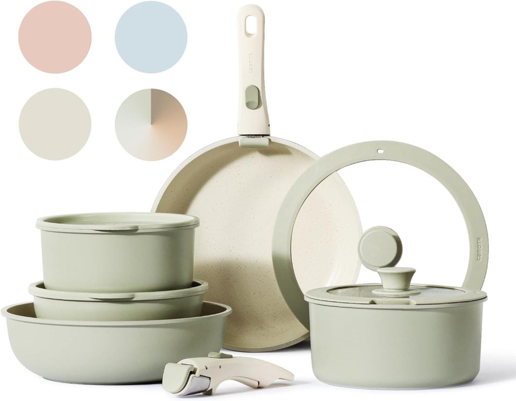 A green cookware set celebrates the holiday spirit with a festive touch, including a frying pan, saucepan with lid, stackable pots with lids, and a detachable handle. Color swatches reminiscent of a nutcracker Christmas theme are shown in the background.