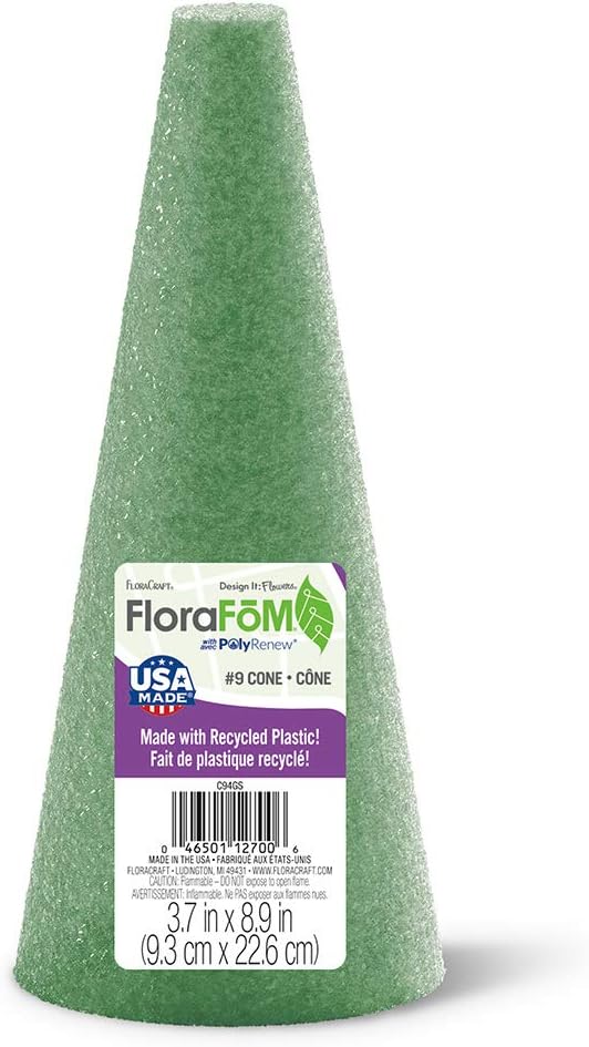 A green foam cone, perfect for button crafts, features a label proudly declaring it's made from recycled plastic. It measures 3.7 inches by 8.9 inches, making it an ideal choice for eco-friendly crafting projects.