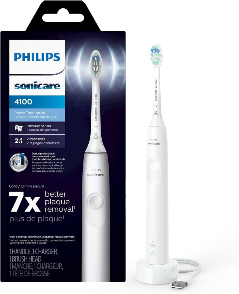 Philips Sonicare 4100 electric toothbrush with charging base and box—featuring a pressure sensor and 7x better plaque removal. Grab this must-have for your Black Friday shopping!.