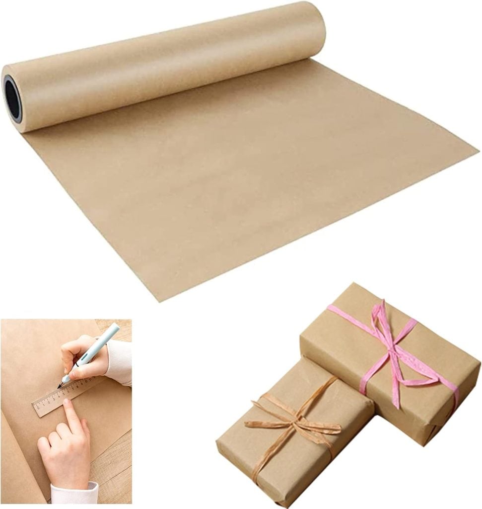 A roll of brown kraft paper adorned with images of wrapped packages, featuring a step-by-step guide on how to tie a bow, alongside a person measuring and cutting the paper.