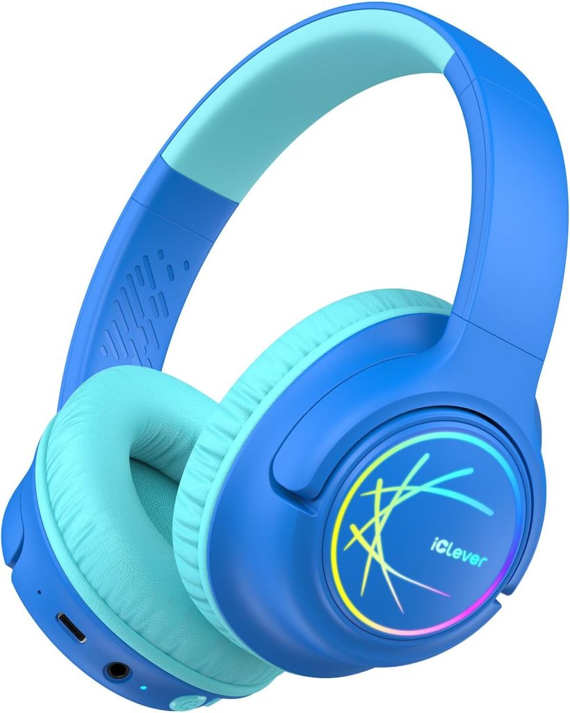 Blue over-ear headphones with cushioned ear pads, light blue and mint green accents, and a circular LED design on the earcup displaying the brand name "iClever"—perfect for adding joy to your Christmas Morning.