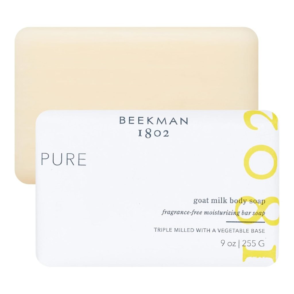 Bar of Beekman 1802 Pure goat milk body soap with packaging. Fragrance-free, moisturizing, and triple milled. 9 oz (255 g).