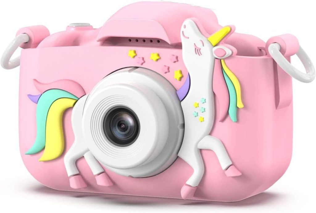 A pink toy camera with a unicorn design, featuring colorful accents and a central lens, with straps attached on both sides—perfect for capturing Christmas Morning memories.