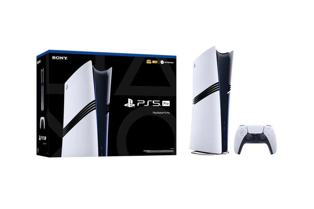 A PlayStation 5 Pro console stands upright next to a matching wireless controller and the product box displaying PS5 Pro branding and Sony logo—perfect for Black Friday deals.