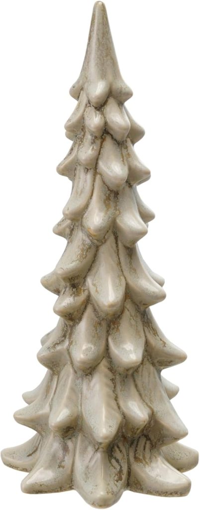 A ceramic figurine shaped like a stylized evergreen tree with a textured surface and beige color, reminiscent of the charming look of Christmas tree cupcakes.