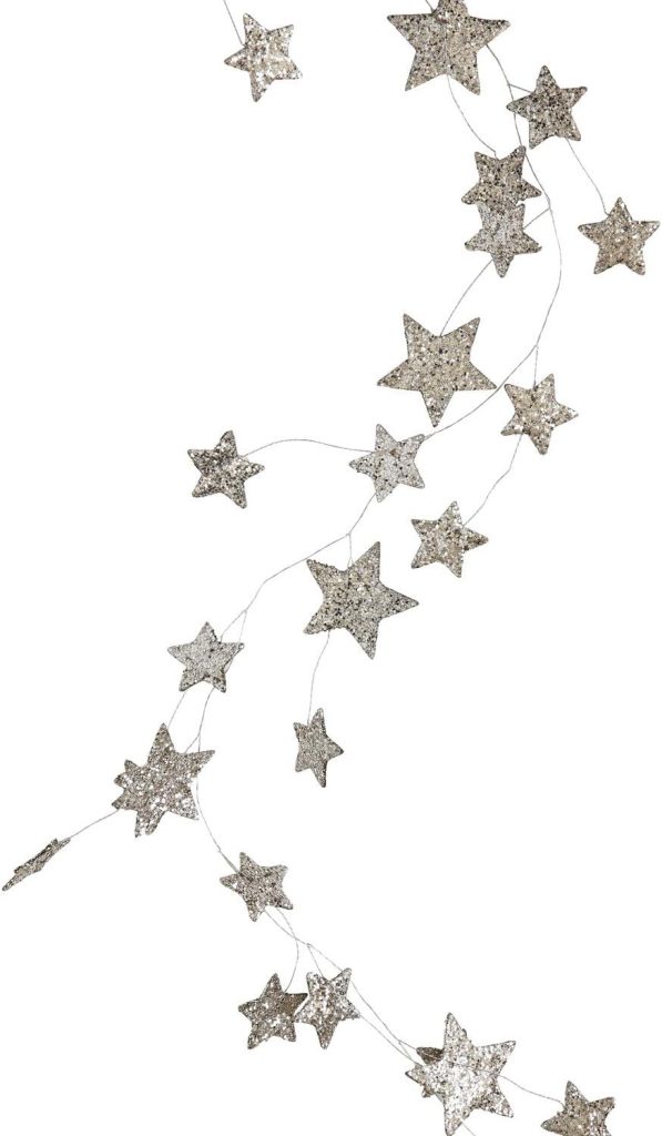 A decorative garland featuring glittery silver star shapes attached to a thin, transparent string—perfect to set a Christmas table with sparkling charm.