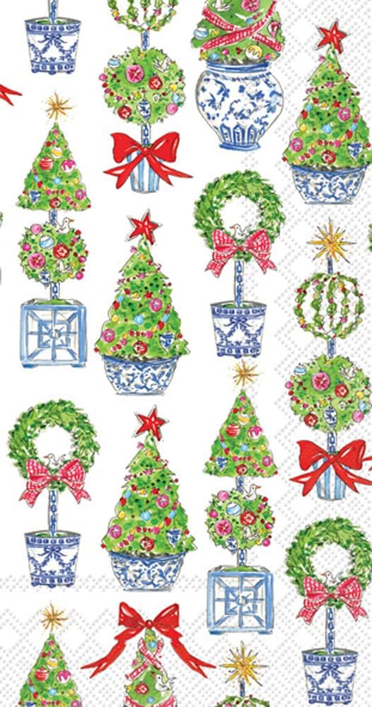 A pattern of decorative holiday trees and wreaths in planters, adorned with bows, ornaments, and delicate oyster shell accents.