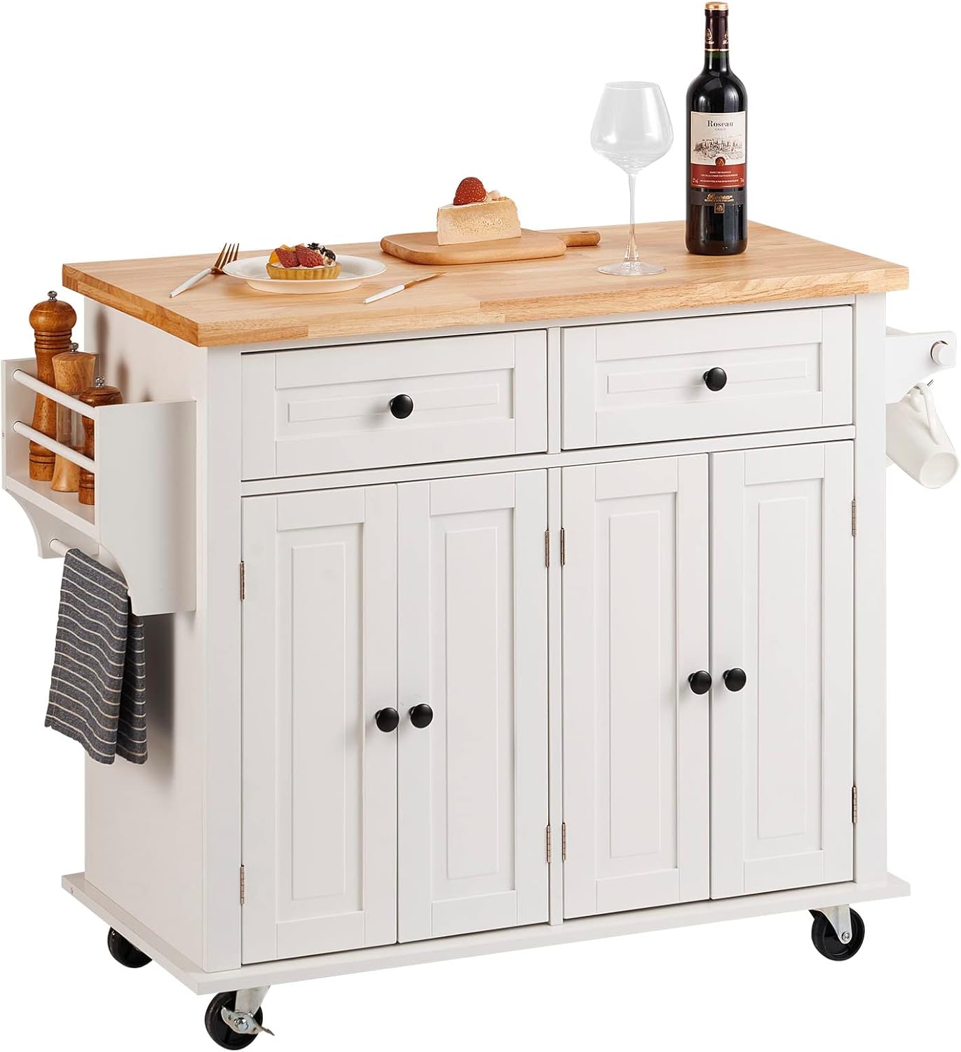 A white kitchen cart with a wood top, drawers, cupboards, towel rack, and spice rack on wheels—perfect for serving wine, cheese, glasses, and dessert. Ideal for Black Friday kitchen upgrades or entertaining in style.