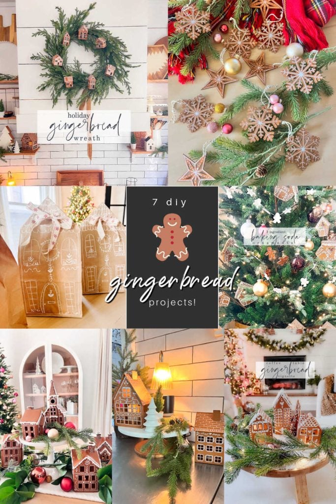 Collage of seven DIY gingerbread holiday projects, including wreaths, ornaments, houses, and decorations on trees and mantels. Add a touch of sweetness to your gift wrapping with these creative ideas.