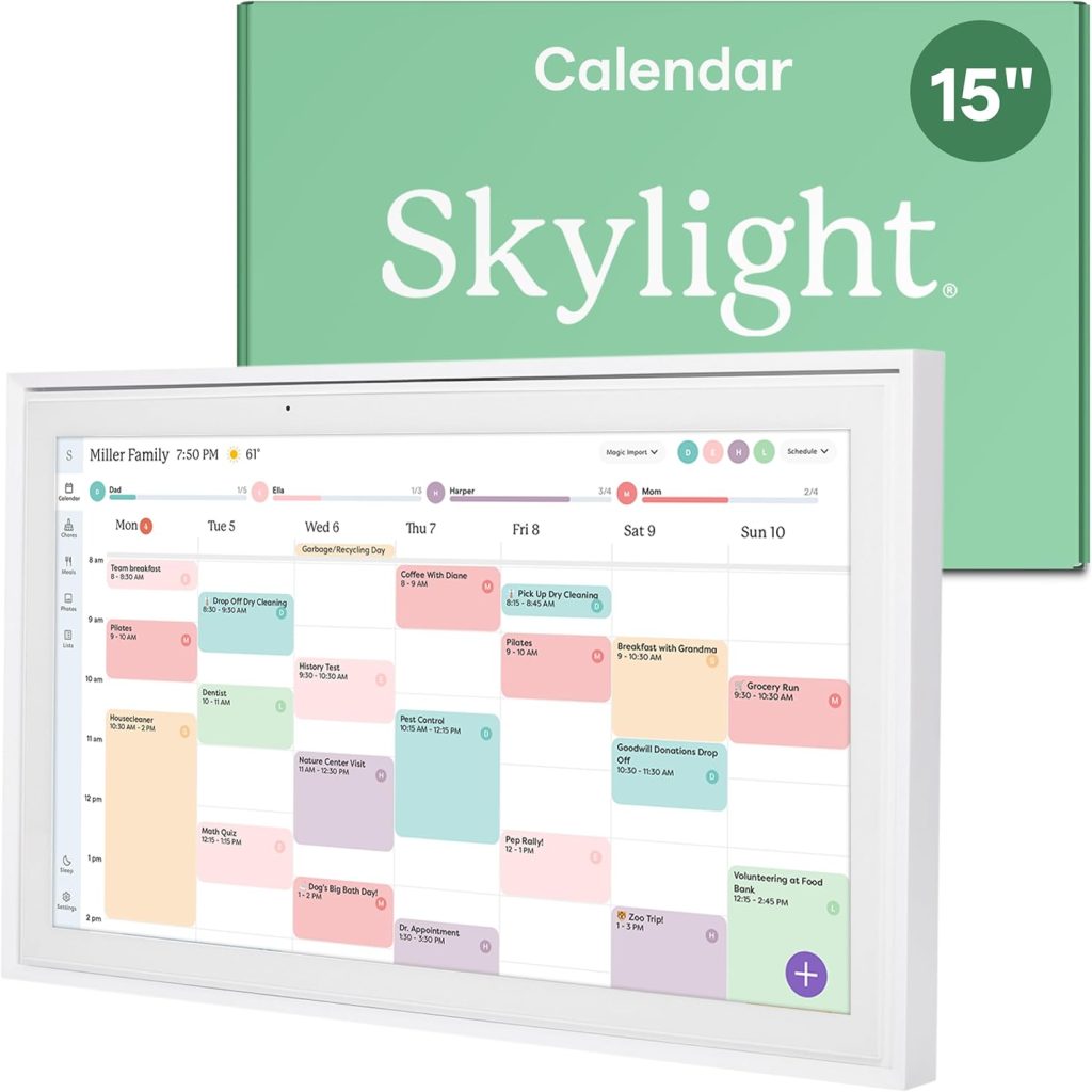 A 15-inch Skylight digital calendar display showing a color-coded weekly schedule, with a green box labeled "Calendar Skylight 15''" in the background—perfect for organizing your Black Friday plans.