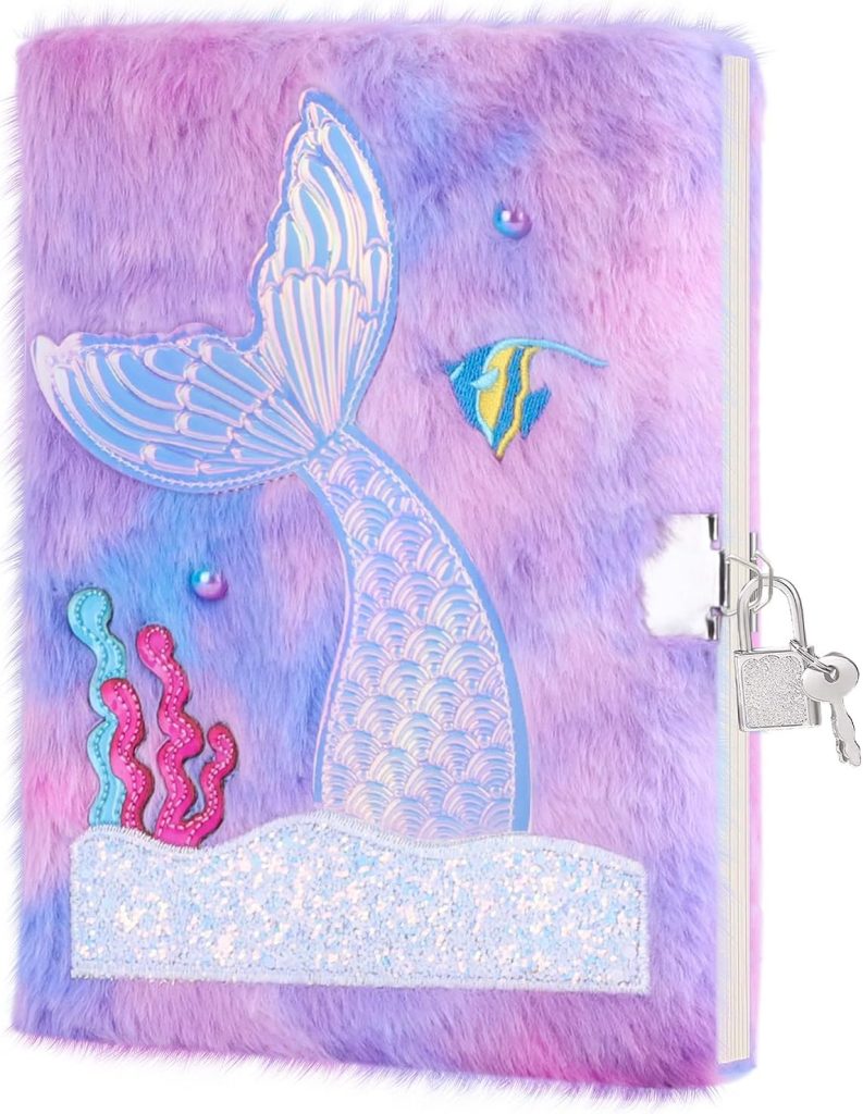 A fuzzy purple journal with a mermaid tail, fish, and coral design on the cover—secured with a lock and two keys—makes every day feel like Christmas morning.
