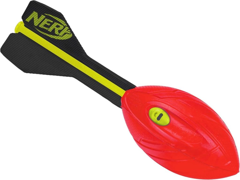 A red and black Nerf foam football with yellow detailing and tail fins for aerodynamic throwing—perfect for high-energy fun on Christmas morning.