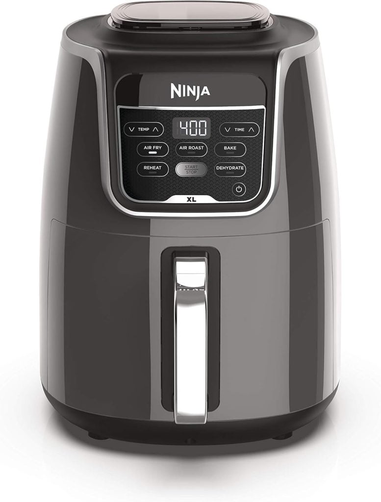 A black Ninja air fryer with a digital display showing temperature and time, featuring buttons for air fry, air roast, bake, reheat, and dehydrate functions—perfect for snagging during a Black Friday sale.