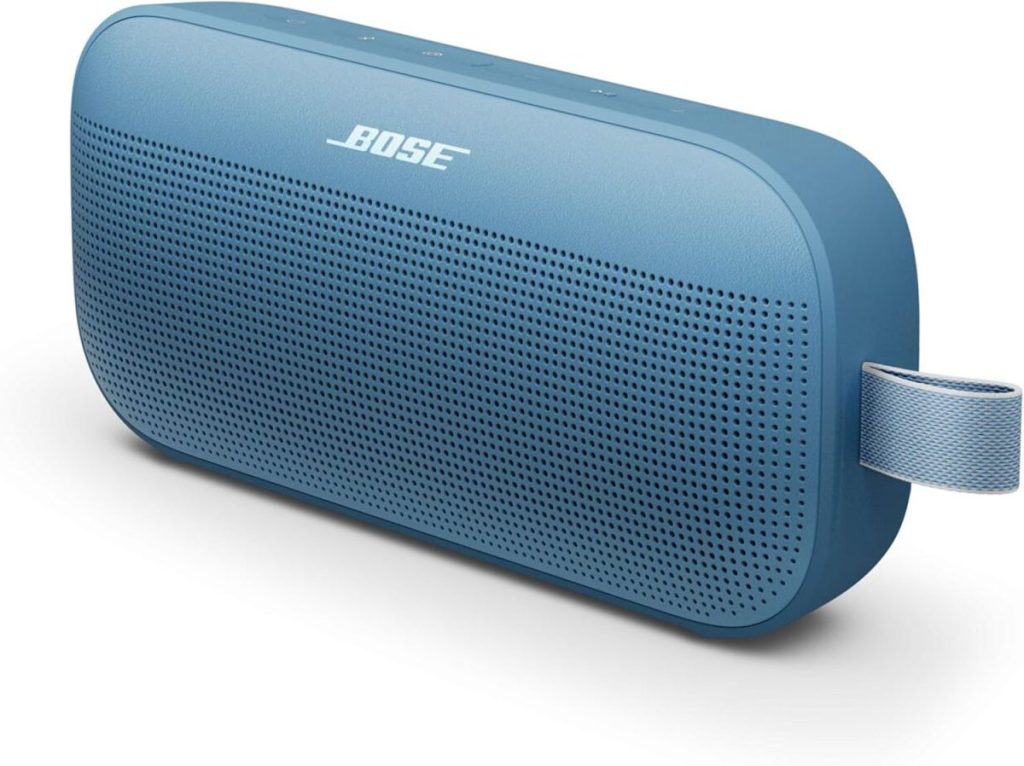 A blue, rectangular Bose portable Bluetooth speaker with rounded edges and a fabric strap on the right side—perfect for your next Black Friday deal hunt.
