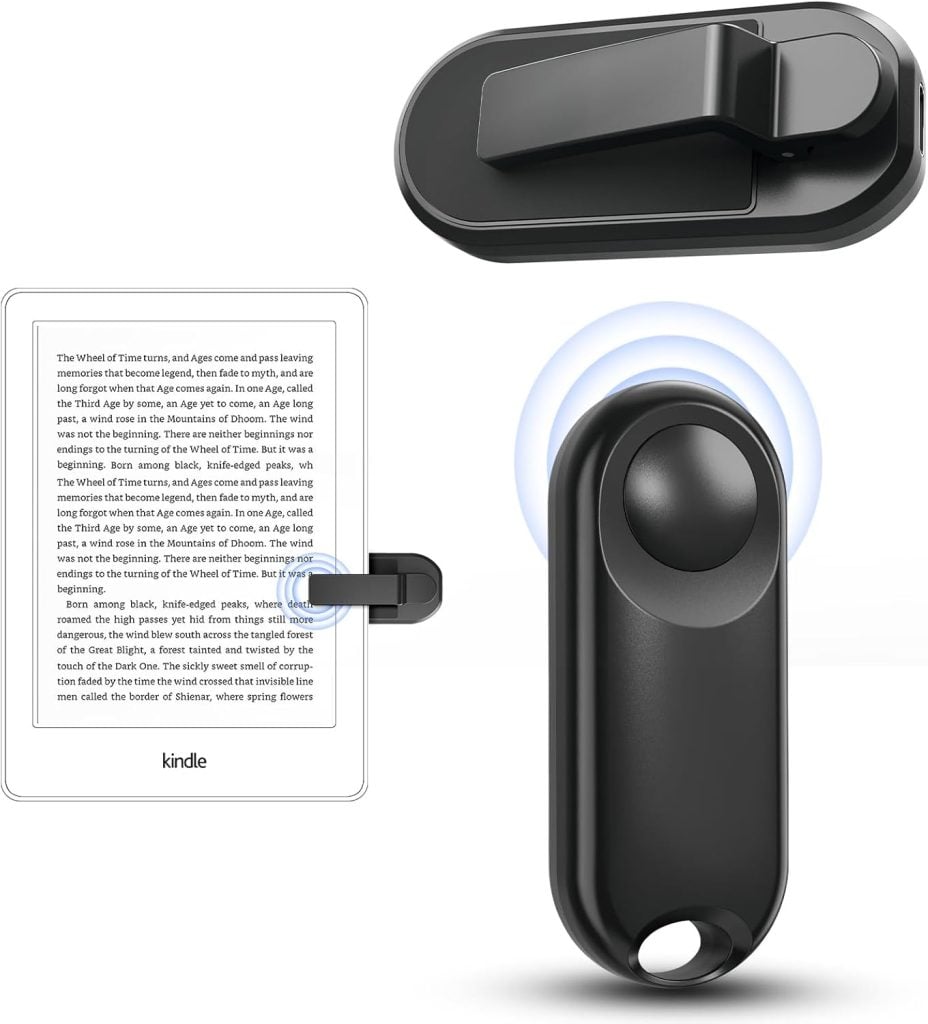 Clip-on black reading light attached to an e-reader displaying text. Perfect for Black Friday deals, it features a flexible arm and circular LED light, brilliantly illuminating the device's screen.