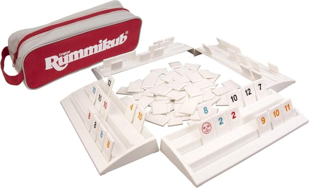 Rummikub game set with number tiles, racks, and a red zippered case—a perfect addition to your family traditions.