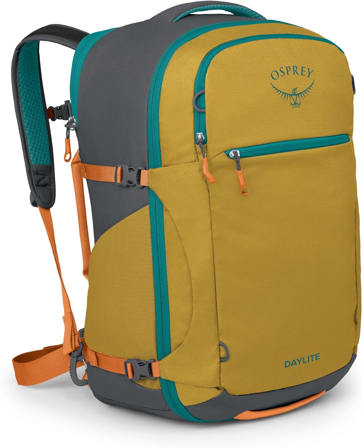 A yellow and gray Osprey Daylite backpack with teal and orange accents, featuring multiple zippered compartments and adjustable straps—perfect for Black Friday adventures.