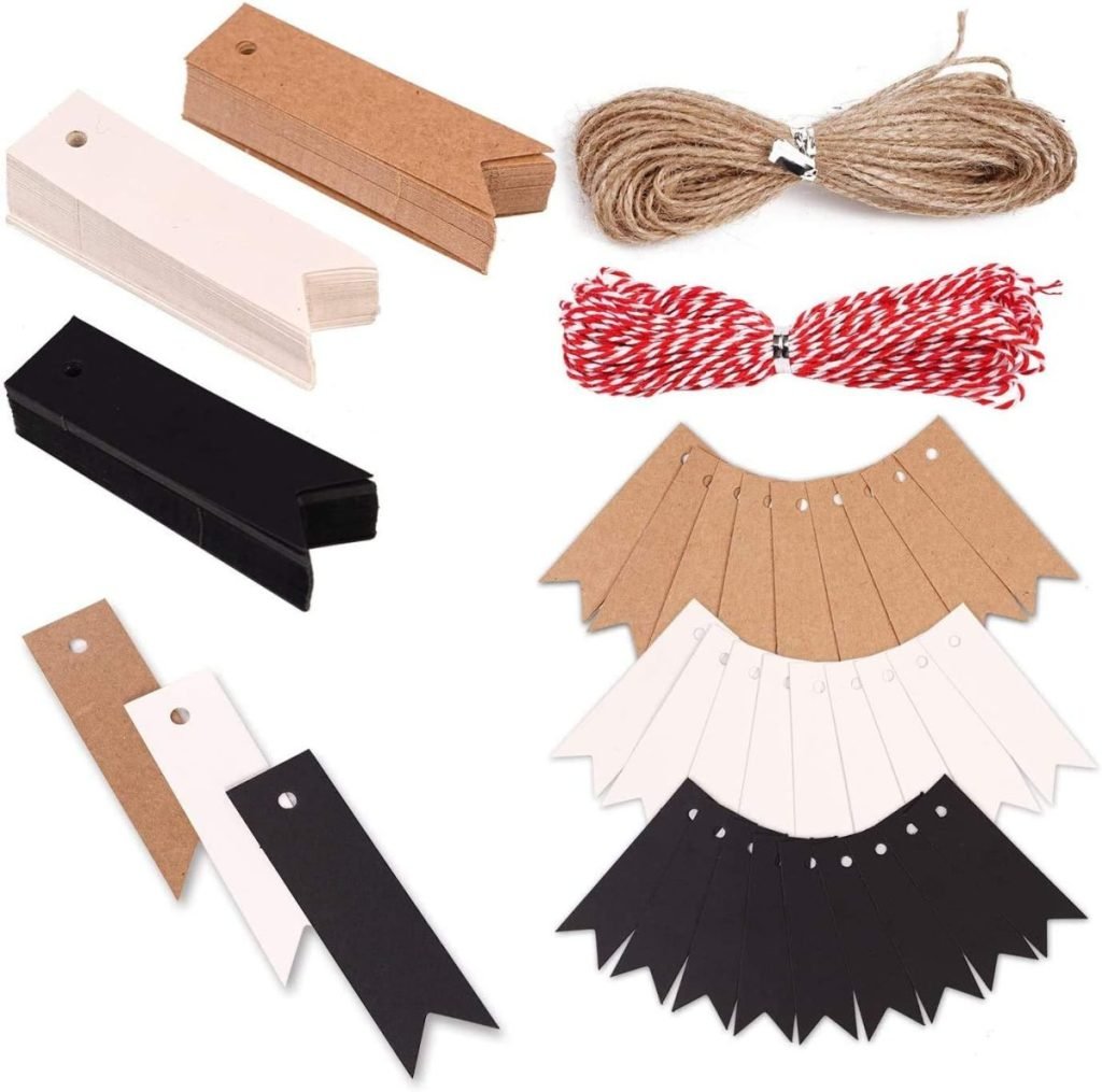 Craft materials for gift wrapping include rectangular tags in brown, white, and black with hole punches. The set also features a bundle of twine and red-and-white string to add a personal touch to your presents.