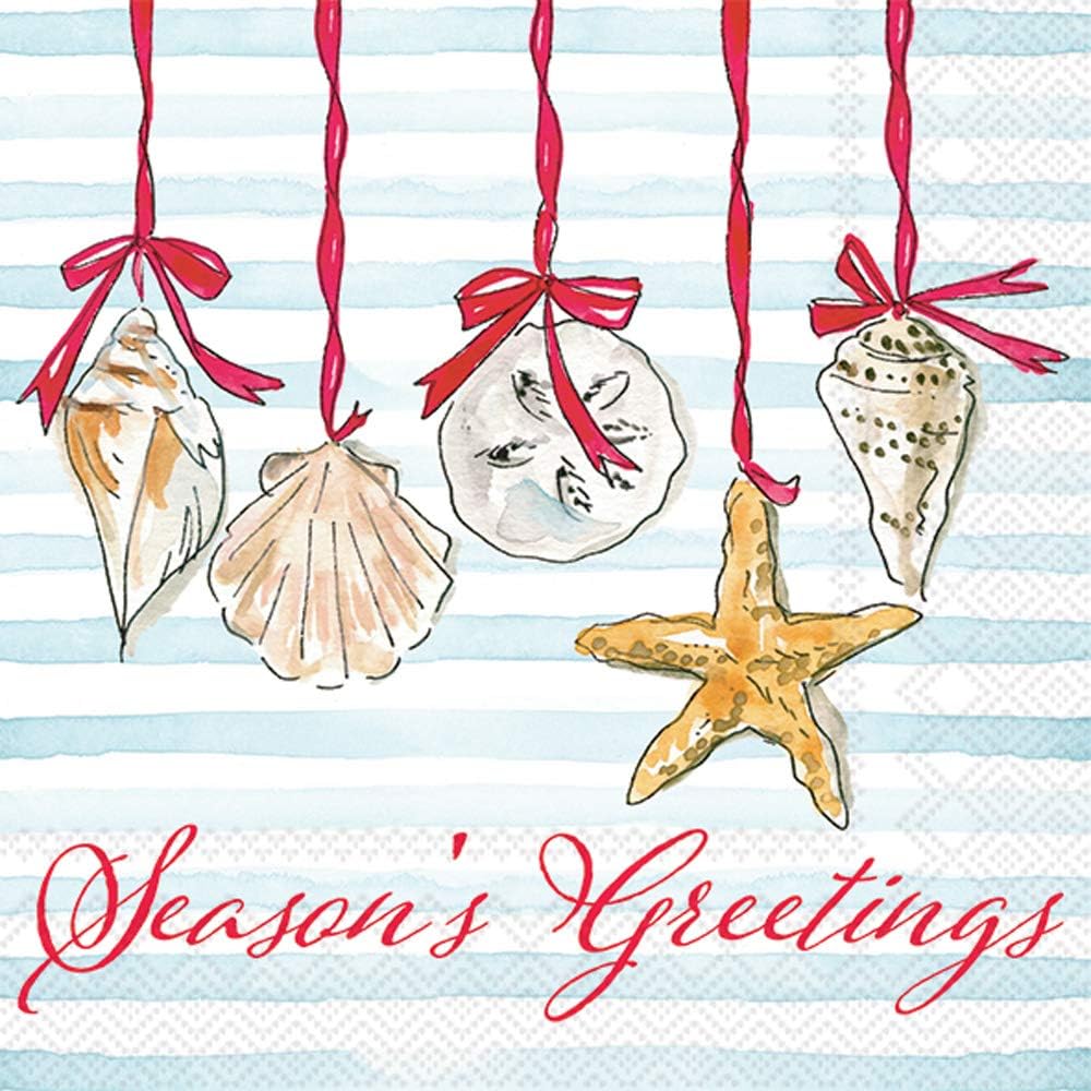 A festive image captures oyster shells, a sand dollar, and a starfish hanging from red ribbons against a blue striped backdrop. "Season's Greetings" is elegantly scripted in red cursive at the bottom, adding a warm touch.