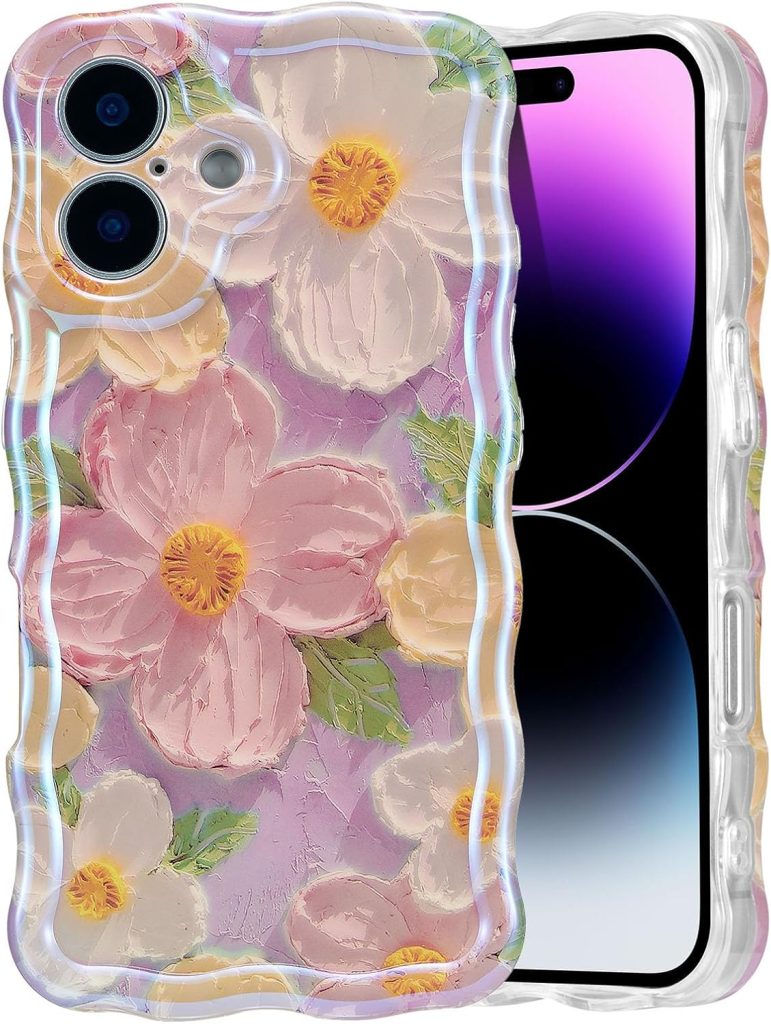 A smartphone with a clear case featuring a textured floral design in pink, yellow, and white flowers on a purple background, perfect for capturing the joy of Christmas Morning.