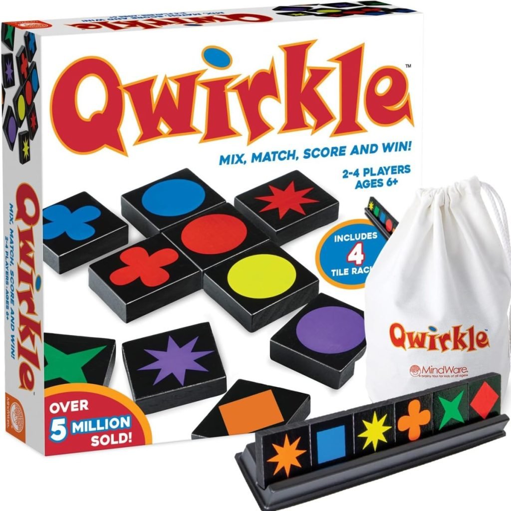 The Qwirkle board game box, featuring a tile stand with colorful shapes and a white drawstring bag adorned with the Qwirkle logo, is perfect for building family traditions around fun and strategic gameplay.