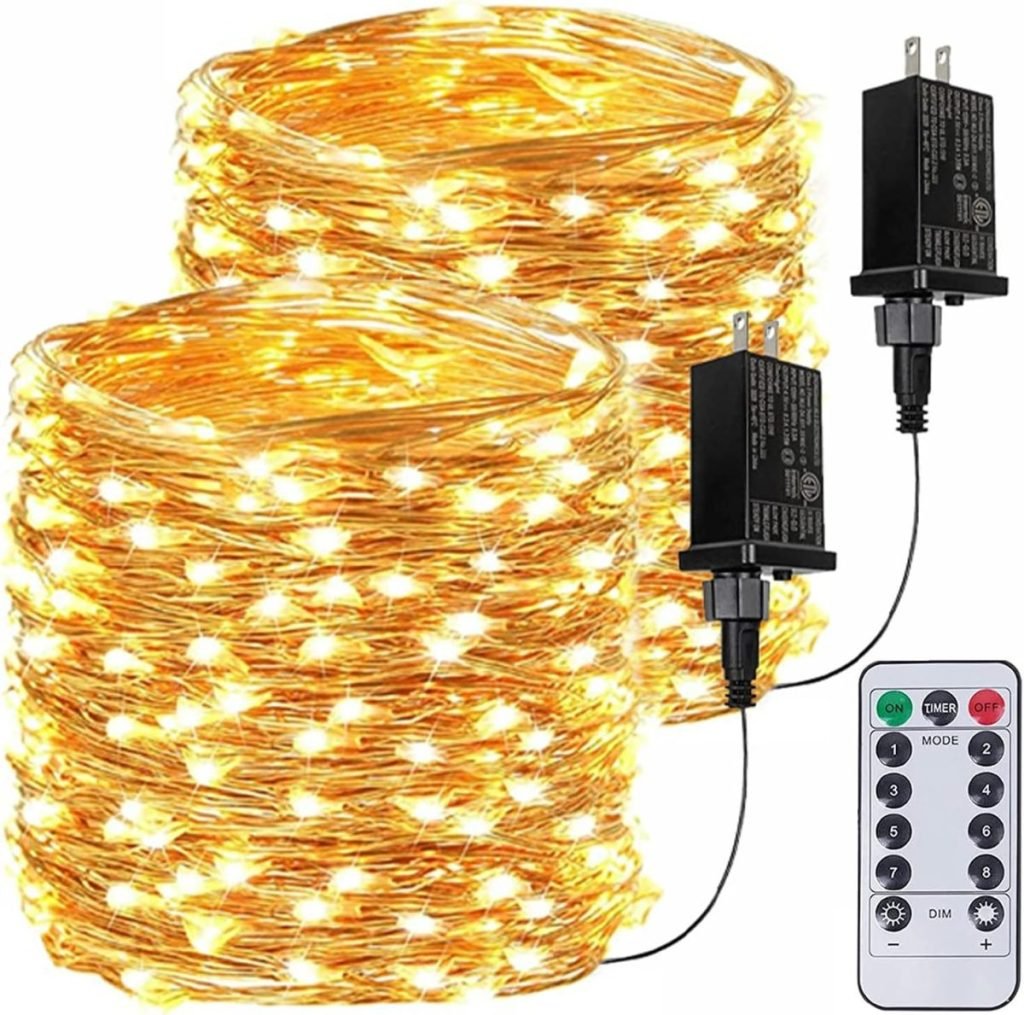 Two coils of copper string lights with warm white bulbs. Each string has a power adapter. A remote control with multiple buttons is included.