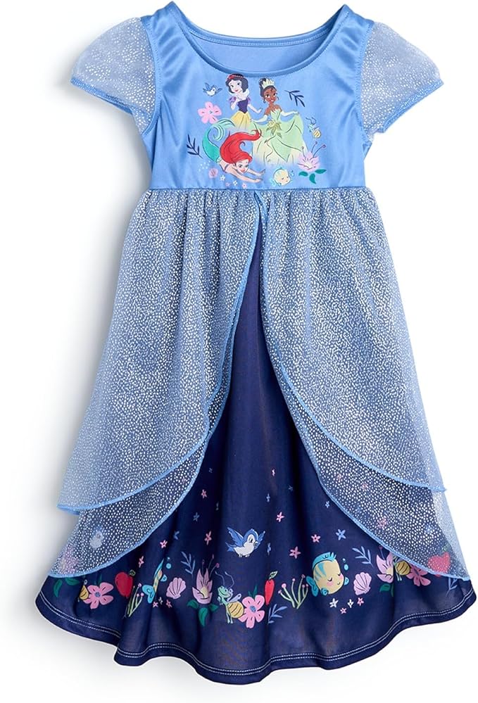 Blue and navy short-sleeve dress featuring Disney princess characters and glittery tulle overlay; decorated with floral and bird patterns on the skirt—perfect for magical Christmas Morning moments.