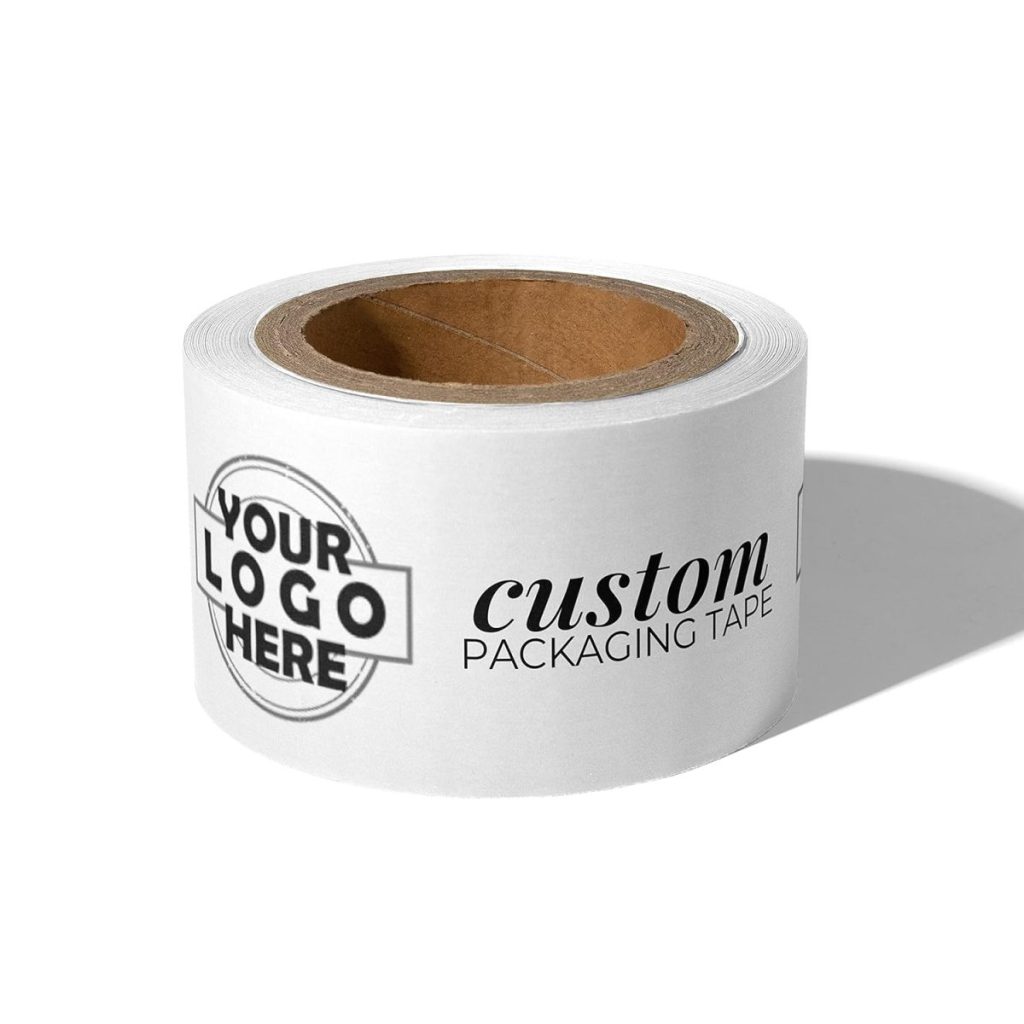 A roll of custom packaging tape designed for gift wrapping, featuring the words "YOUR LOGO HERE" and "custom PACKAGING TAPE" in sleek black text on a white background.