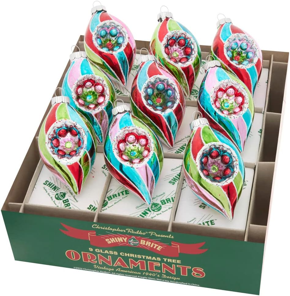 A box containing nine colorful Vintage Christmas Ornaments—glass baubles with red, green, blue, and silver swirl designs, each capturing a charming vintage-style holiday spirit.