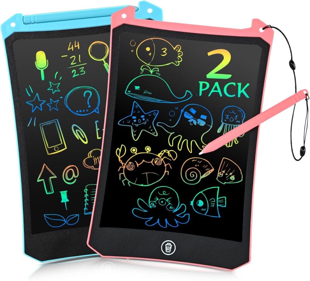 Two colorful LCD writing tablets with playful animal drawings are displayed—one blue, one pink, each with a matching stylus—perfect for unforgettable Christmas Morning creativity and fun.