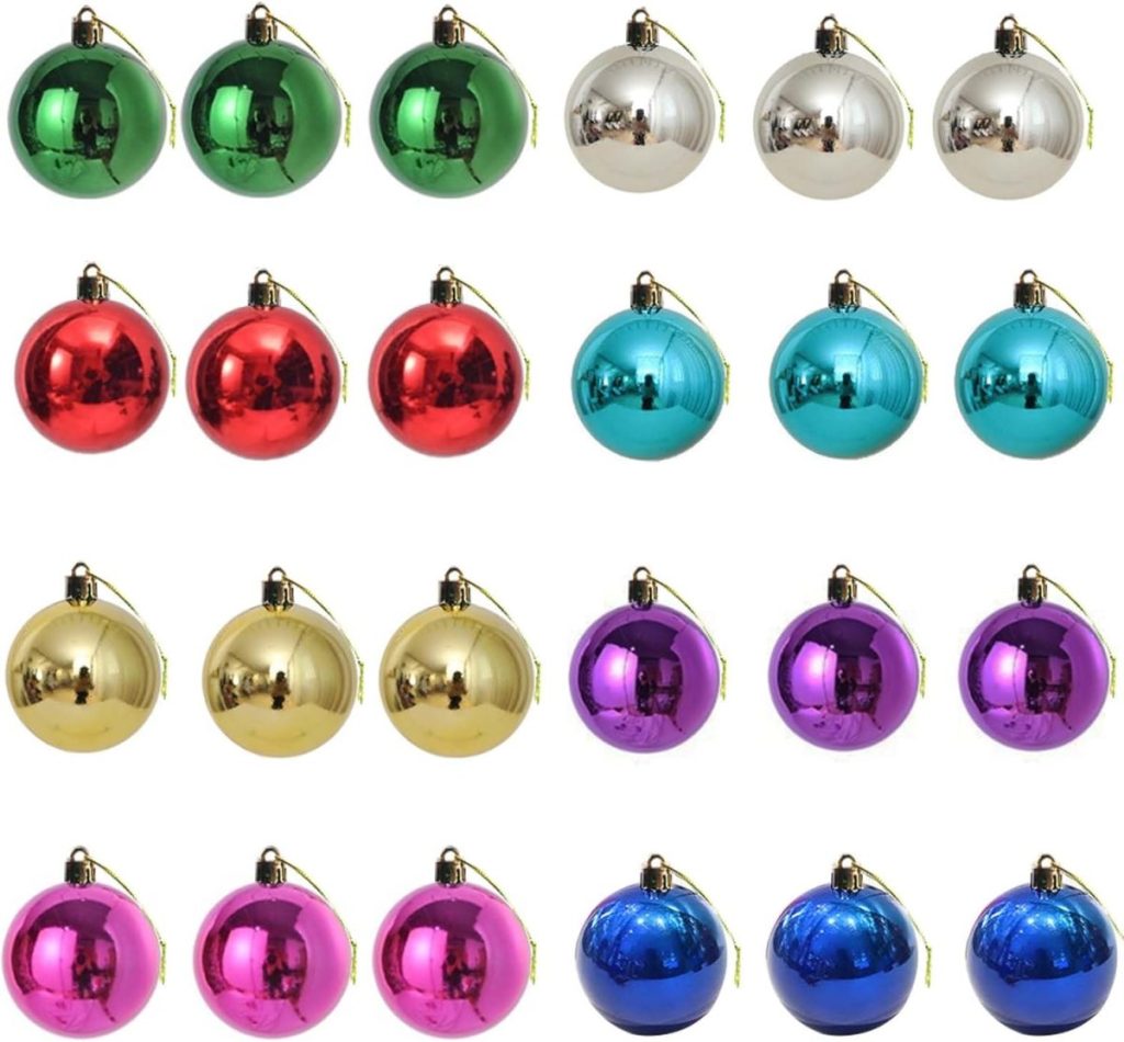 Twenty-four shiny Christmas ornaments in six colors—green, silver, red, blue, gold, purple, and pink—paired with festive Christmas ribbon, arranged in four rows of six against a white background.