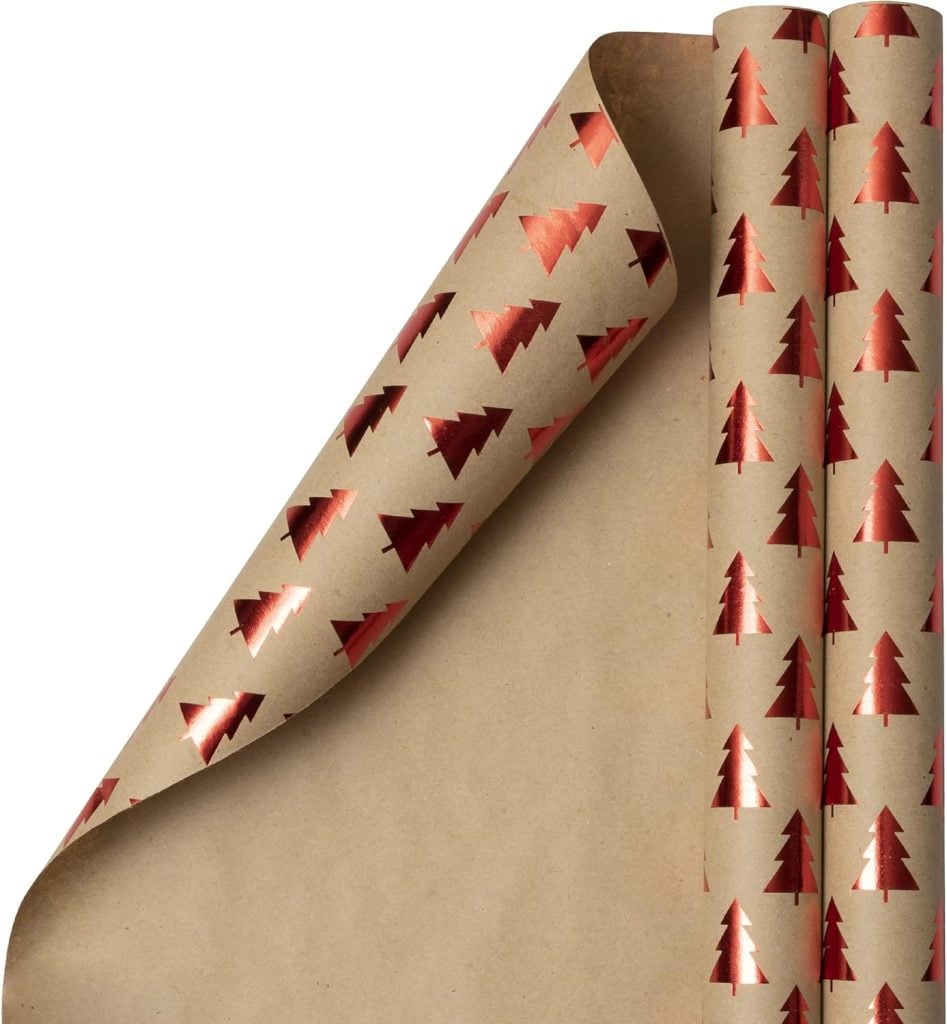 A roll of brown wrapping paper adorned with red metallic Christmas tree patterns, perfect for those learning how to tie a bow and create beautifully wrapped gifts.