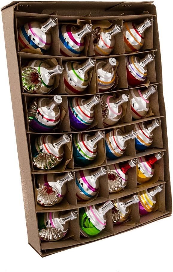 A cardboard box containing 20 colorful glass Christmas ornaments, each in its own compartment and arranged in four rows, finished with a festive Christmas ribbon for a charming holiday presentation.