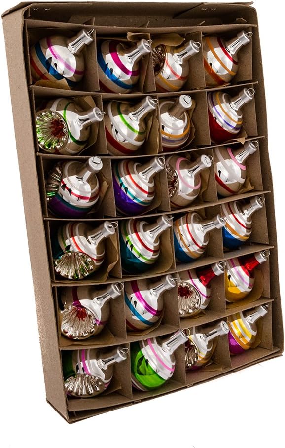 Box of colorful, vintage glass Christmas ornaments in individual compartments, each adorned with a delicate Christmas ribbon.