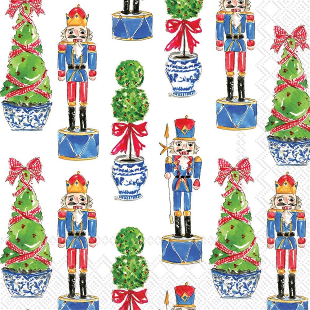 A pattern of nutcrackers, small Christmas trees adorned with red ribbons, and potted plants in blue and white vases decorates the white background, reminiscent of delicate oyster shells.