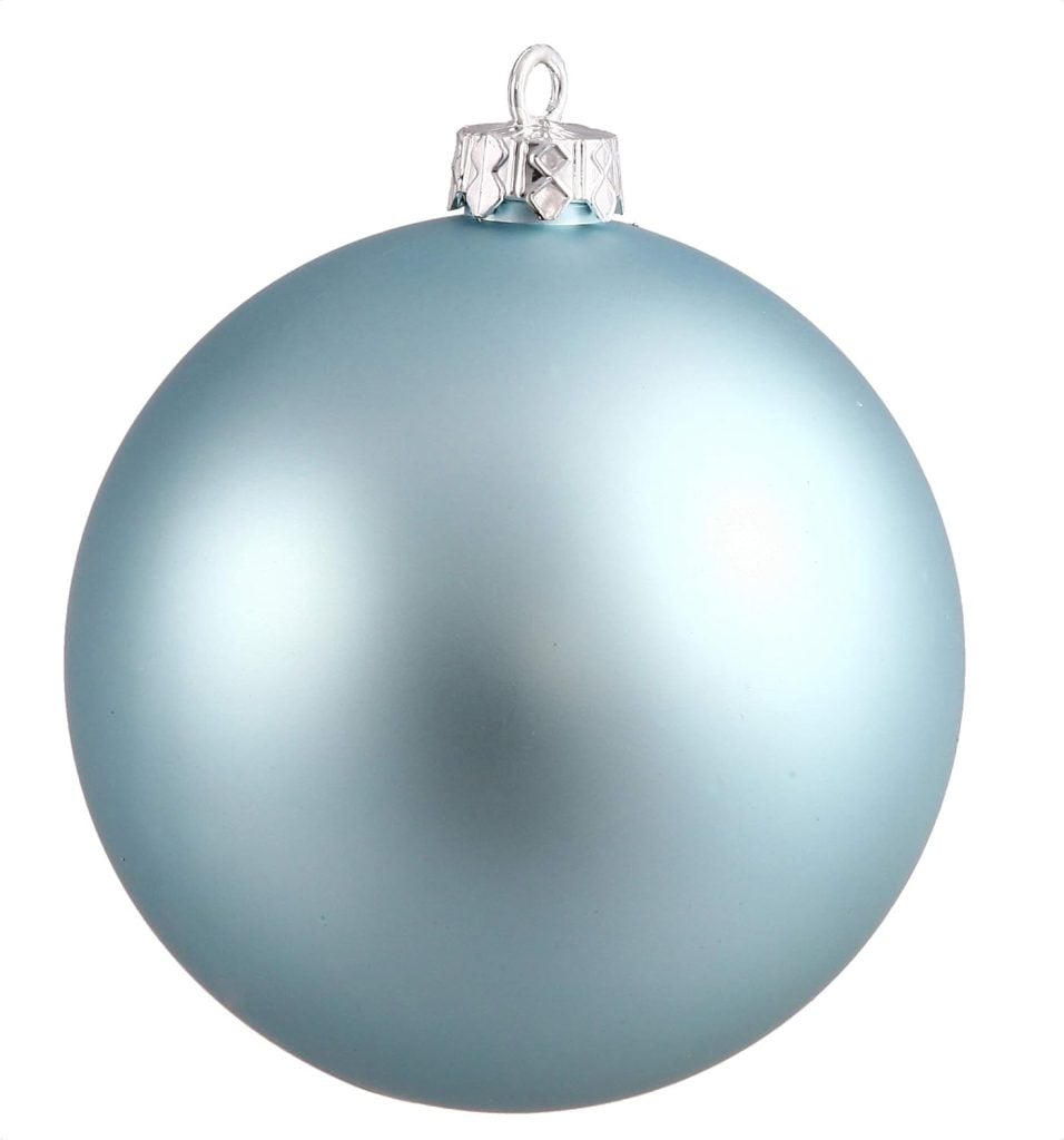 A matte light blue Christmas ornament, embodying classic Christmas colors, features a silver metal cap and a convenient loop for hanging.