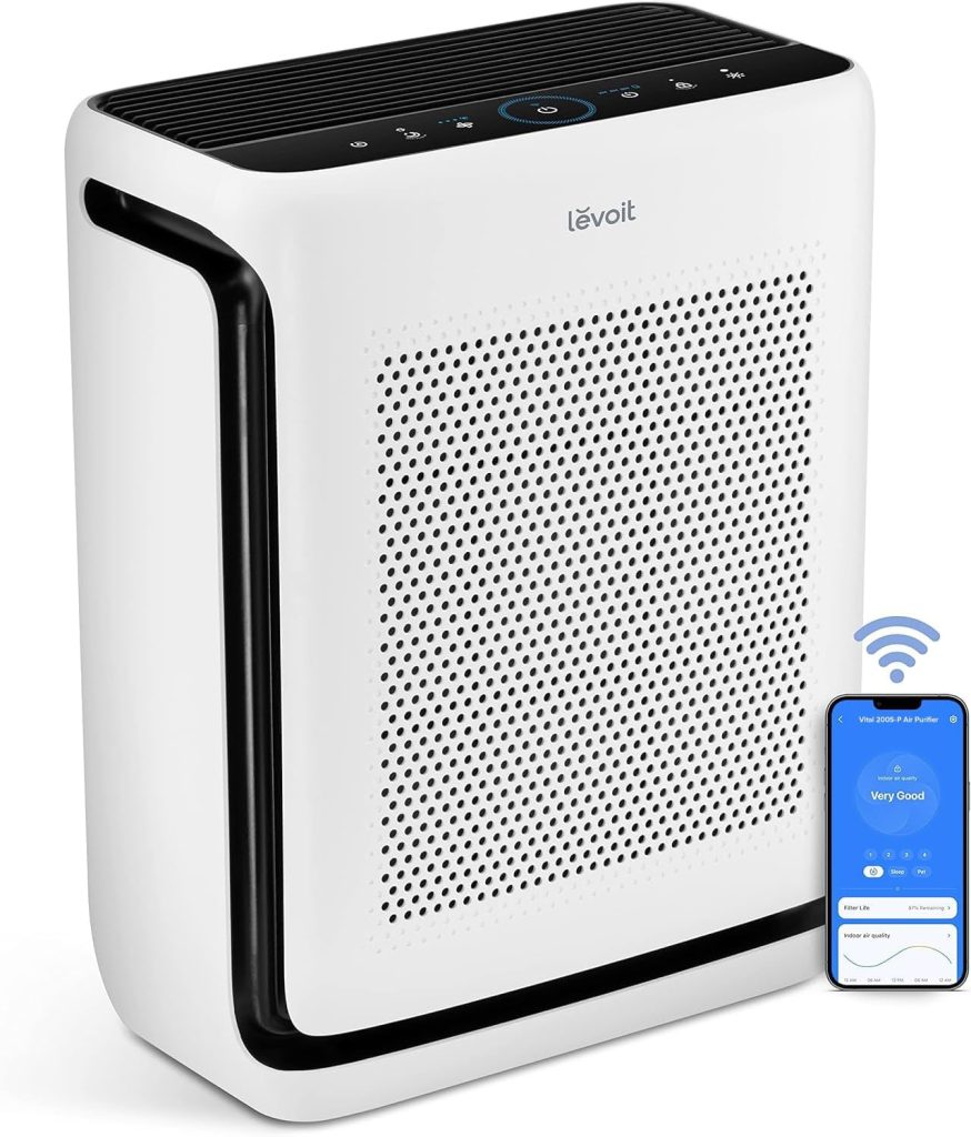 A white Levoit air purifier with a control panel on top, featuring ventilation holes on the front, is shown next to a smartphone displaying its companion app—perfect for Black Friday deals.