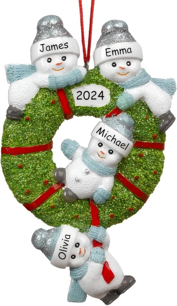 A Christmas wreath ornament for the holiday season, featuring four snowmen labeled James, Emma, Michael, and Olivia, with the year 2024 at the top.