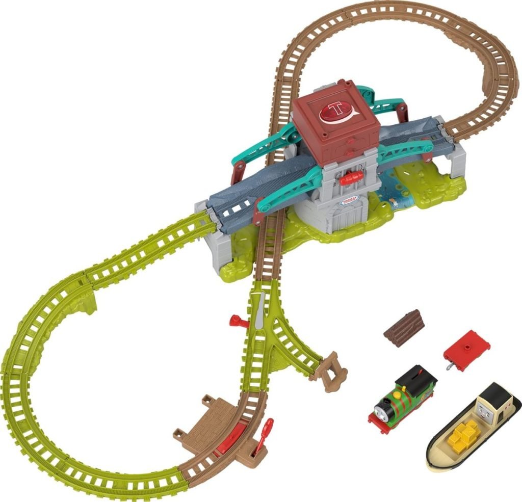 Experience the excitement of this toy train track set, featuring green and brown tracks and a central station. Complete with a small train, boat, and accessories, the set forms an elevated loop with a bridge. Perfect for Black Friday shopping sprees!