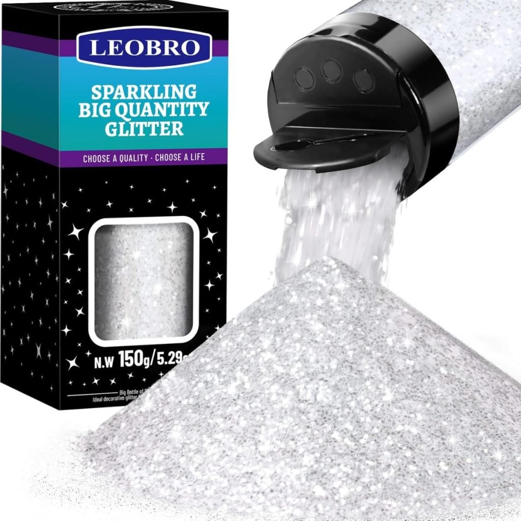 A box and a bottle of Leobro sparkling big quantity glitter, with glitter pouring out from the bottle onto a pile.