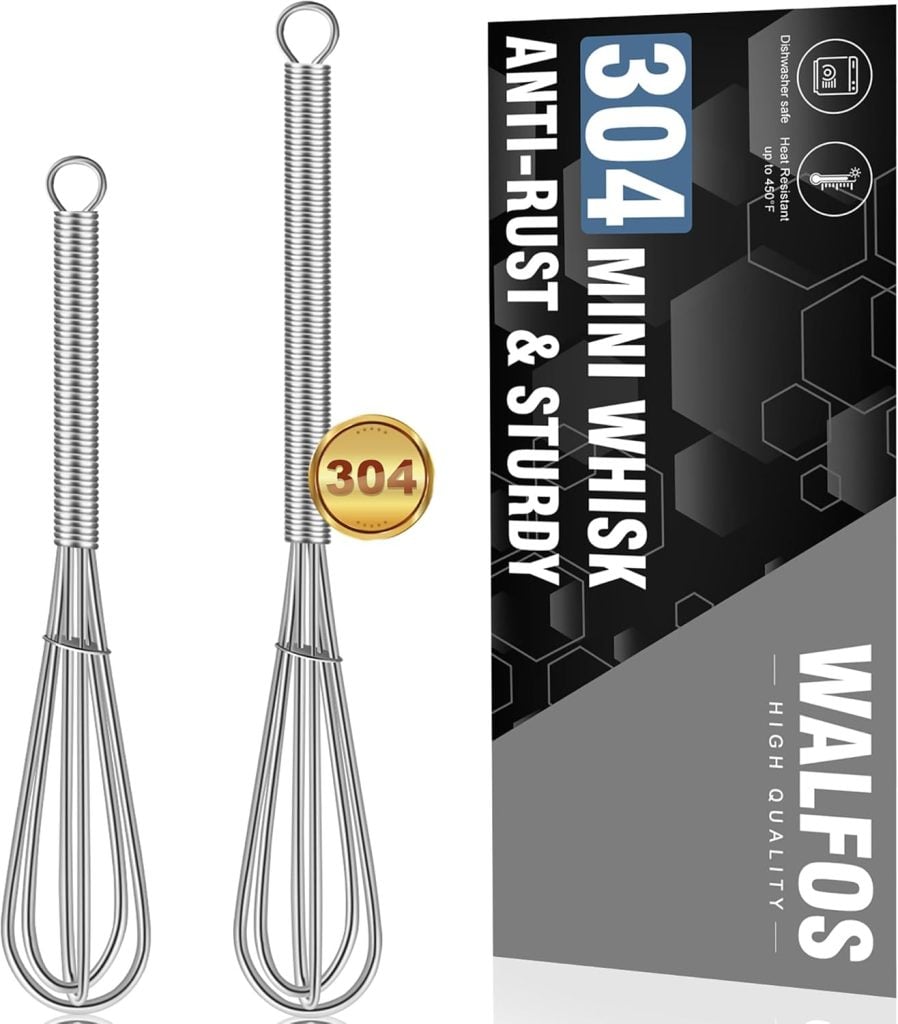 Two stainless steel mini whisks are displayed next to packaging highlighting "304 Mini Whisk," "Anti-Rust & Sturdy," and the brand "Walfos." Perfect for whipping up holiday desserts, these durable tools make baking joyous and efficient.